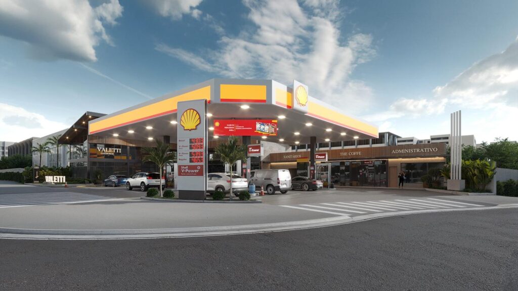Posto Campo Belo com bandeira Shell e complexo comercial anexo, projeto da Niveo