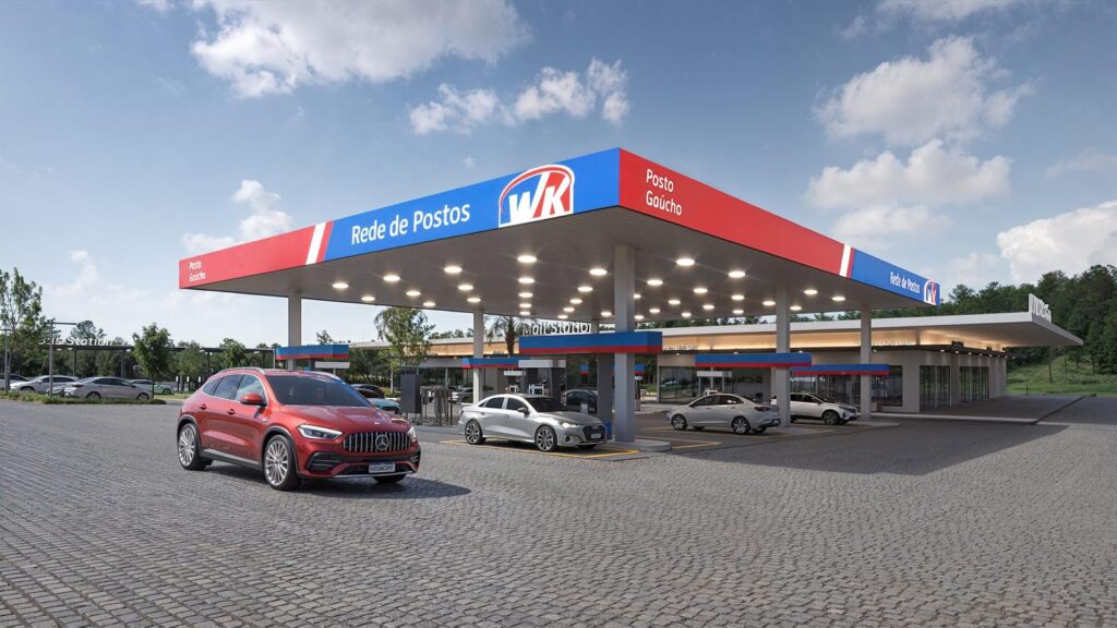 Posto Gaúcho da Rede WK, com cobertura ampla e pátio em piso intertravado, projeto da Niveo