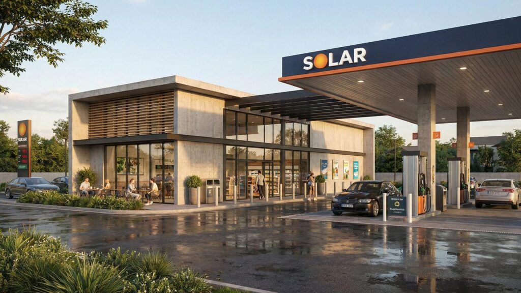 Posto Solar VI ao entardecer, com loja de conveniência em concreto, madeira e vidro, projeto da Niveo
